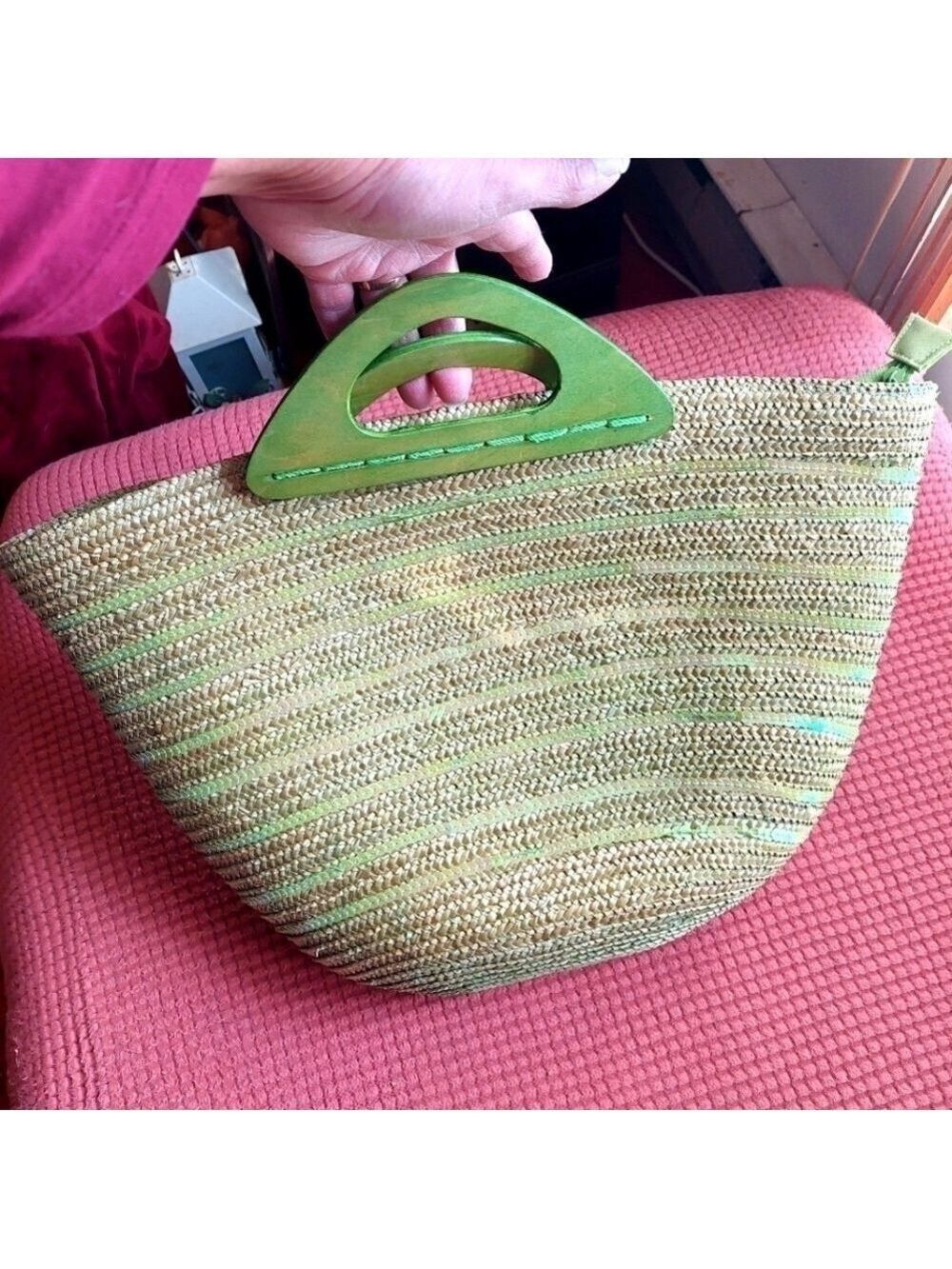 Vintage Pia Rossini Green Squins and Straw Basket Summer Tote